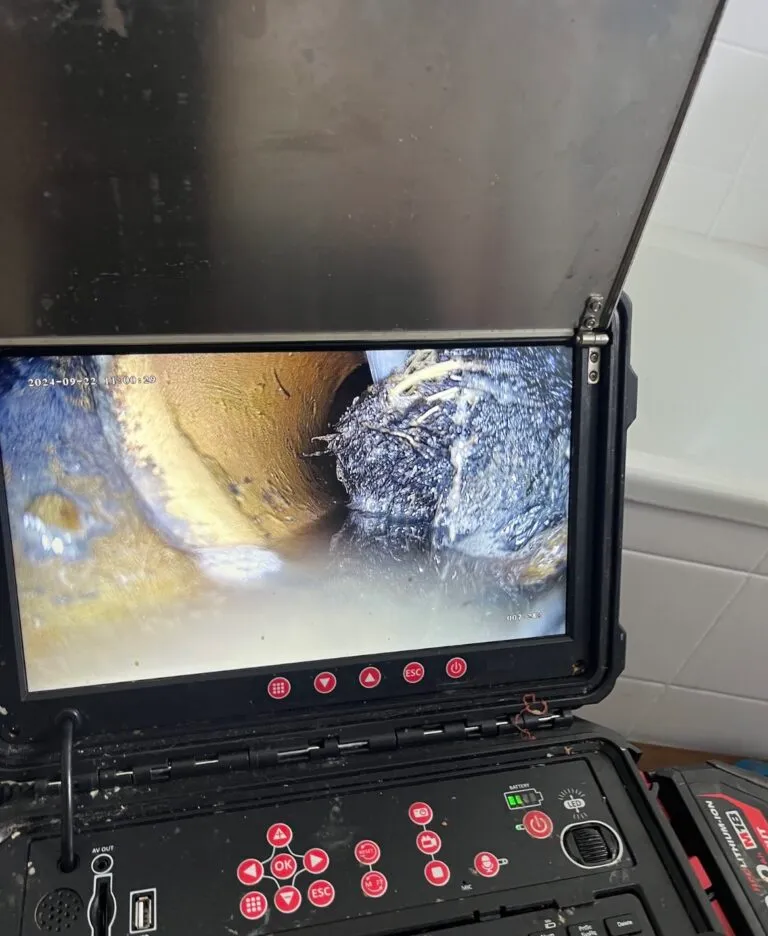 CCTV drain camera screen showing a blocked pipe – Leopold plumber