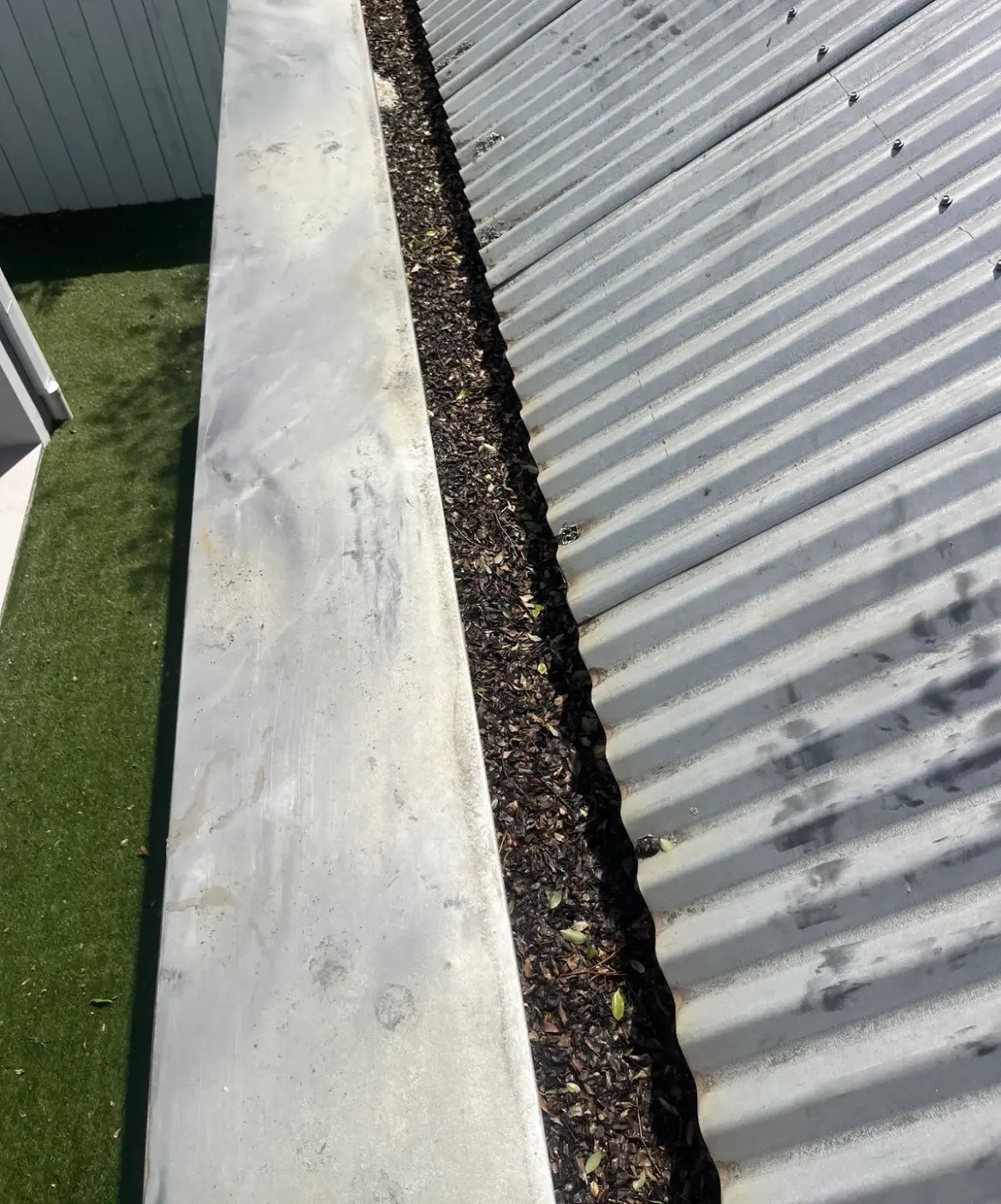 Box gutter packed with leaf litter beside a corrugated metal roof