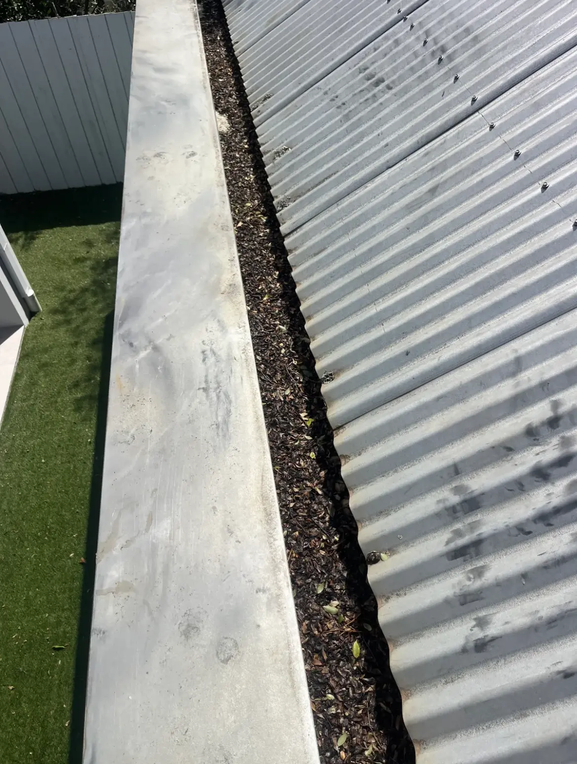 Box gutter packed with leaf litter beside a corrugated metal roof