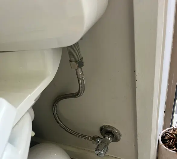 Braided flexible hose and chrome angle stop supplying a toilet cistern