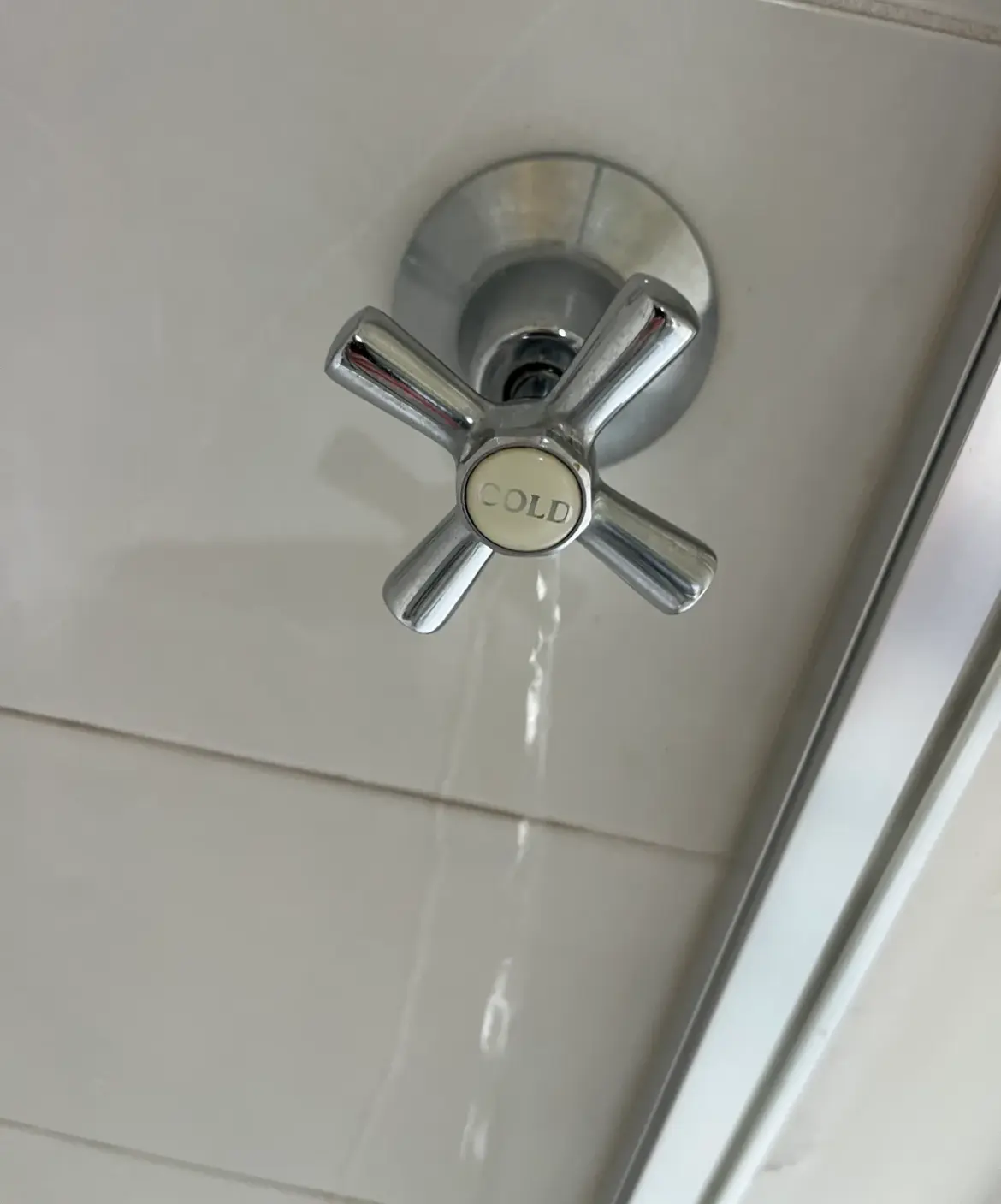 Chrome cross-handle shower tap with water running down the tiles