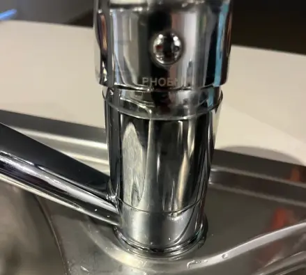 Close-up of a chrome mixer tap base on a stainless steel double sink