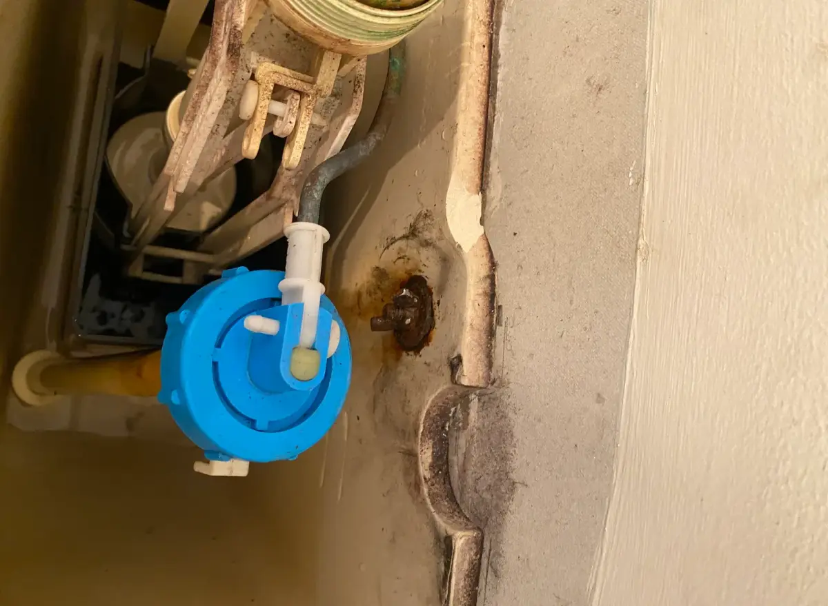 Close view inside a toilet cistern showing a blue fill valve and a rusty bolt