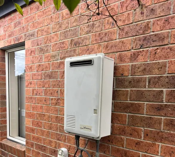 Close view of a wall-mounted gas continuous-flow hot water unit with a data label