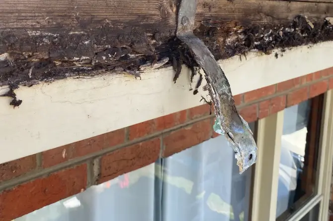 Corroded gutter bracket and rotting timber under the edge of a tiled roof