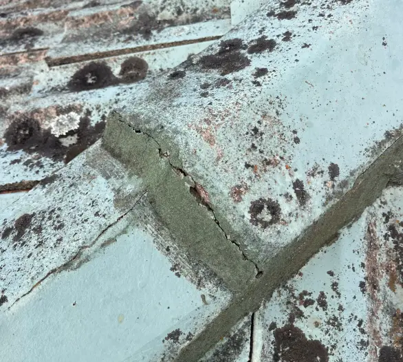 Cracked ridge capping with lichen on an old tiled roof