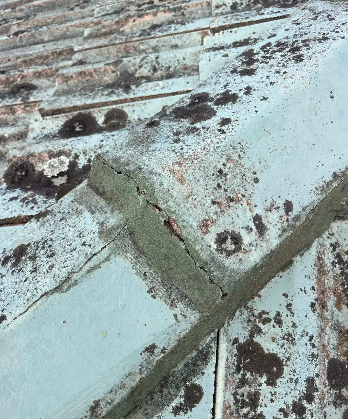 Cracked ridge capping with lichen on an old tiled roof