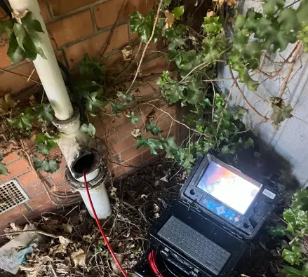 Drain camera monitor on leaf litter beside a white pipe covered in ivy, with the red cable running into the pipe