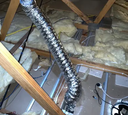 Ducting and a flue pipe through insulation in a roof space