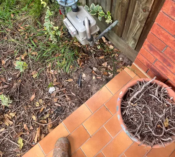 Gas meter and regulator beside a fence with garden plants and a work boot