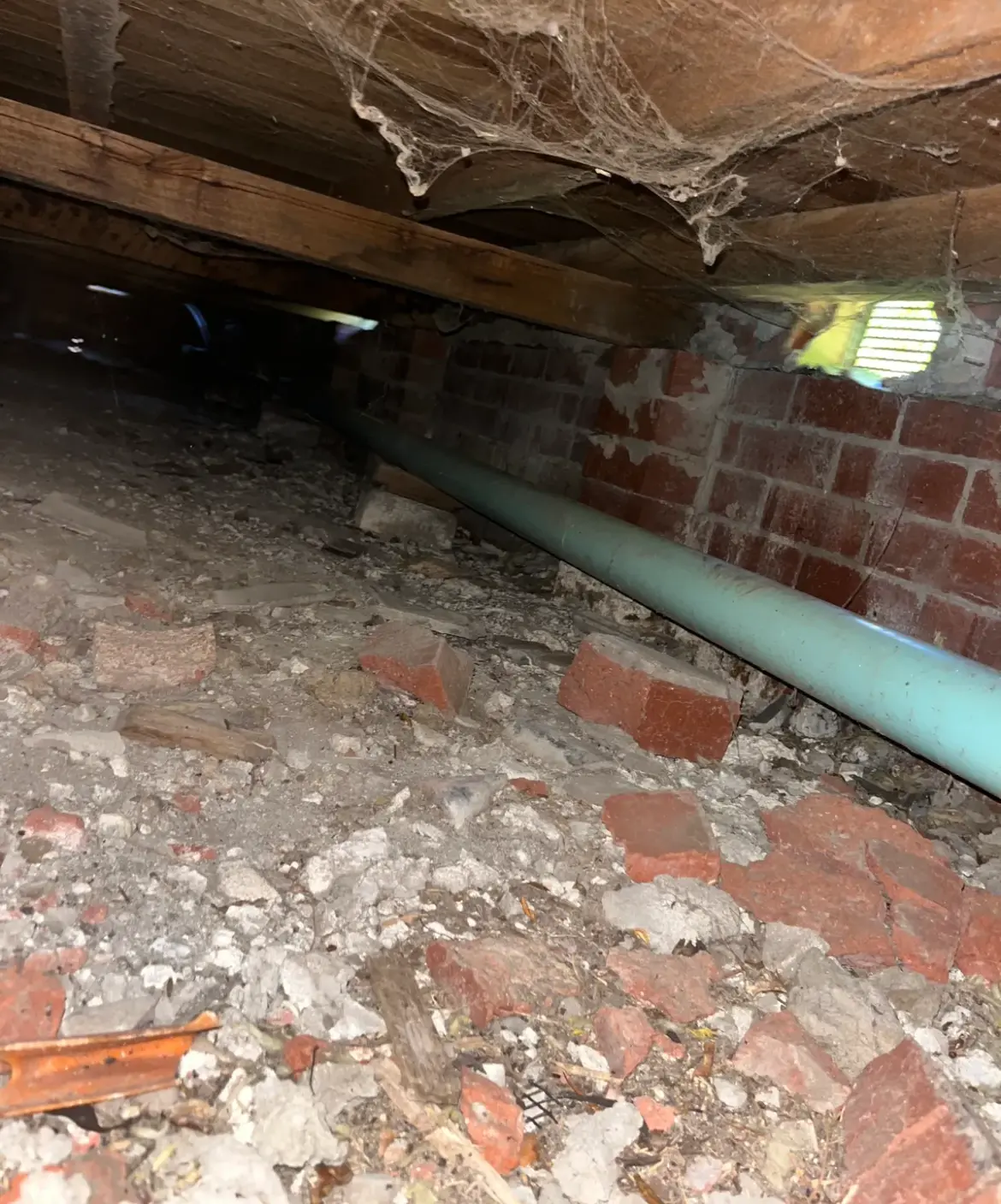 Green pipe running along the base of a brick wall under floor timbers in a sub-floor space