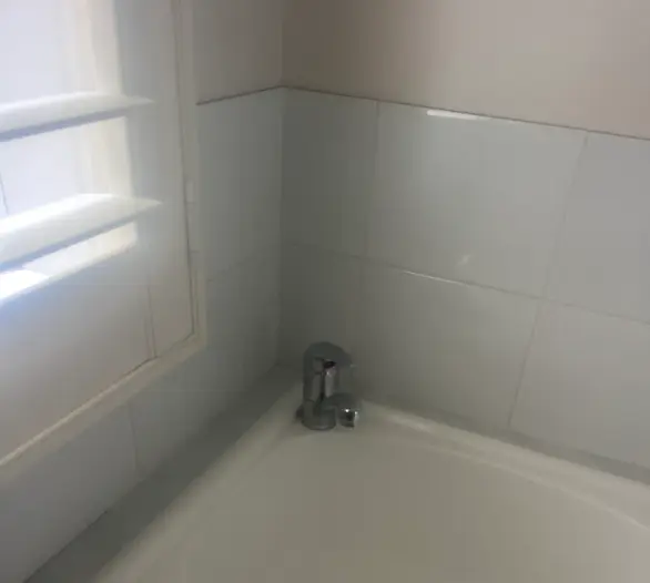 Laundry tub with a small chrome mixer tap beside a louvre window