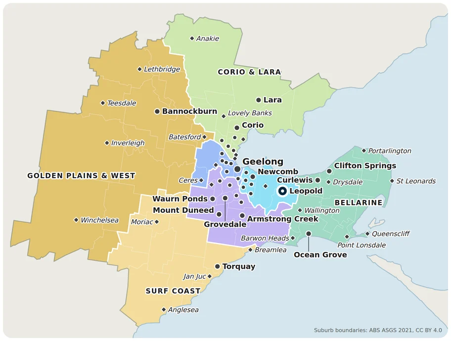 Map of the Plummers Plumbing service area around Geelong, in seven coloured areas: Geelong and the inner west; Corio, Lara and the north; Leopold and the east; Belmont, Highton and the south; Bellarine Peninsula; Surf Coast; Golden Plains and the west. Our base is in Leopold.