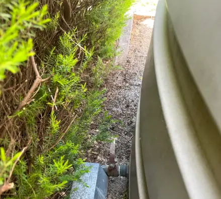 Rainwater tank outlet valve and fitting beside a garden bed