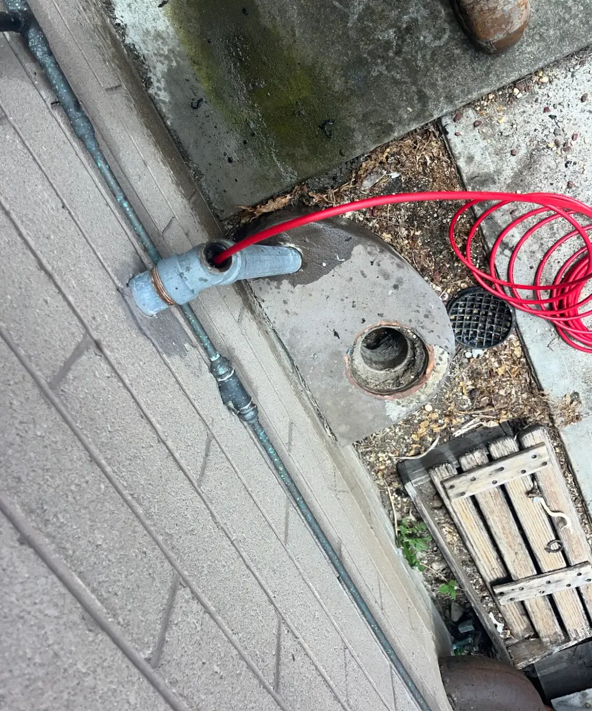 Red hose running into a grey pipe over a drain, beside a gully trap and timber slat cover