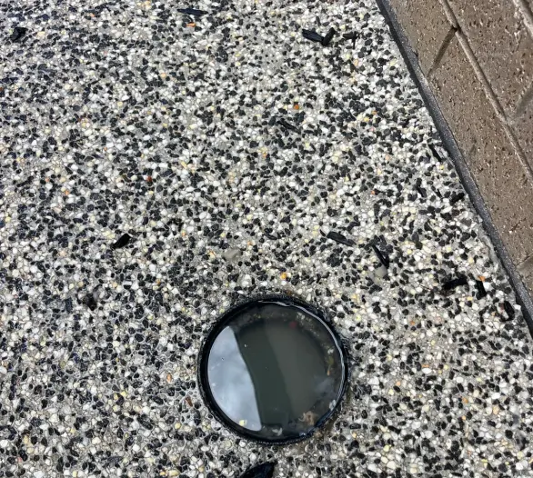 Round drain opening in exposed-aggregate paving with water sitting in it