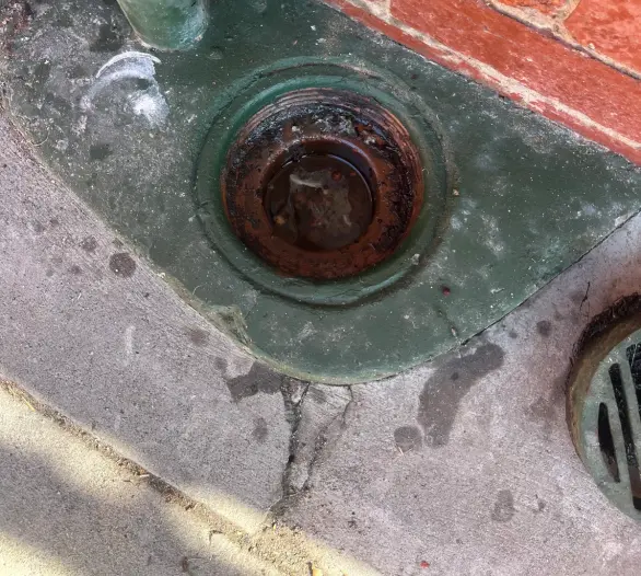 Rusty gully trap in a green-painted concrete apron beside a downpipe and a second drain grate
