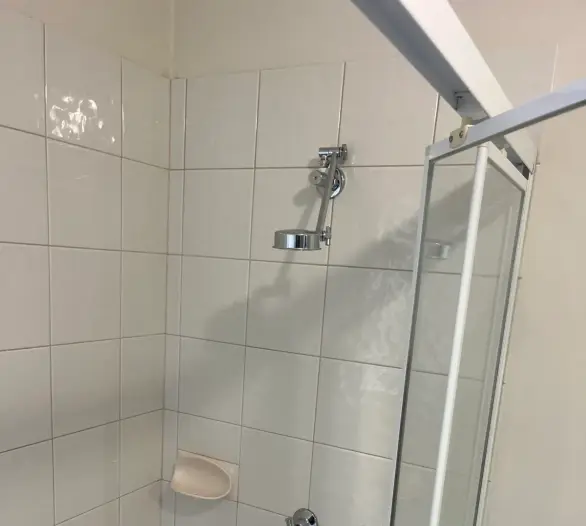 Tiled shower recess with a shower rose, cross-handle taps and a soap dish