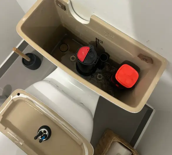 Toilet cistern with the lid off showing red and black flush valve parts