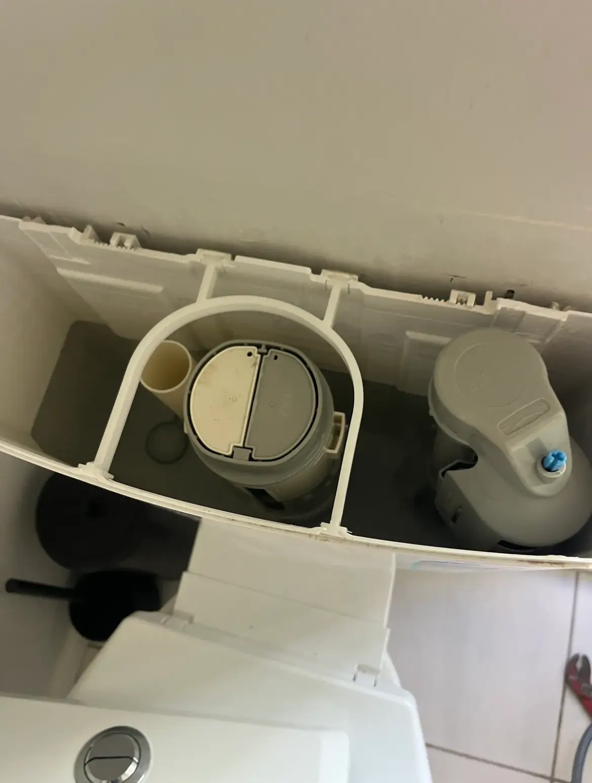 Toilet cistern with the lid off showing the dual flush and fill valves