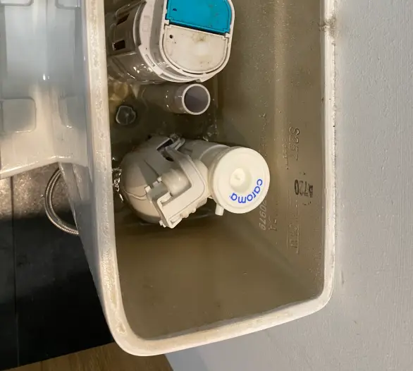Toilet cistern with the lid removed showing the inlet and flush valve