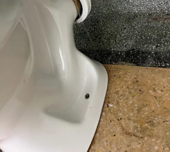 Underside of a toilet pan where it meets the pipe, with a thin stream of water and an isolation tap above