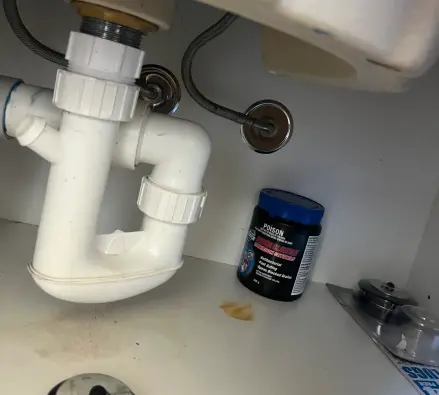 White plastic trap and braided hoses with chrome angle stops under a basin